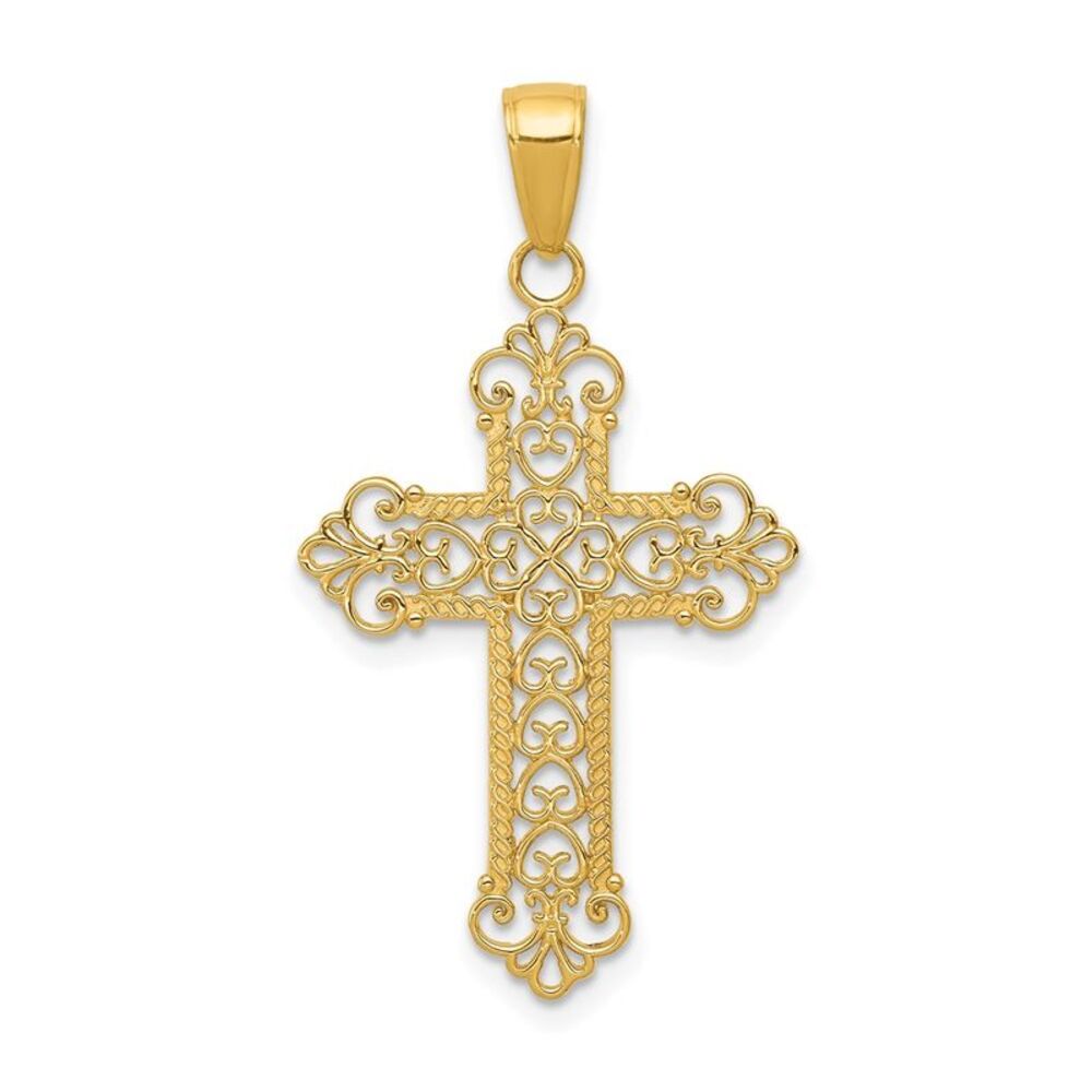 14k Yellow Gold Fleur de lis Cross Pendant, 19 x 35mm